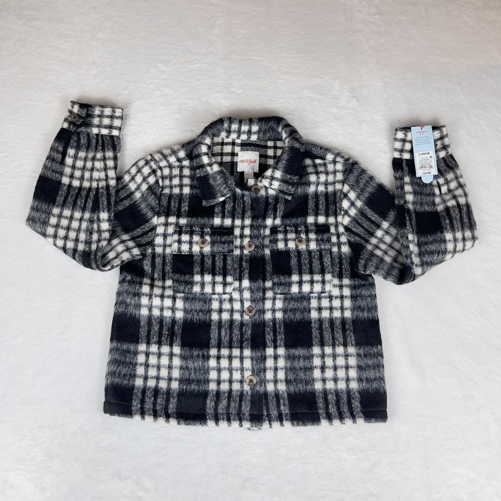 Cat & Jack Cropped Shacket Girls Large Black‎ White Plaid Collared Button Front